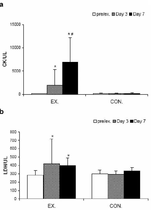 Figure 6. Creatine Kinase (CK) and Lactate Dehydrogenase (LDH) Activities. Serum CK  (a)  and LDH activity (b) were significantly increased throughout the study