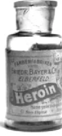 Figure 1. Bayer heroin bottle produced from 1898-1910, marketed as a non-addictive morphine  substitute and cough medicine for children