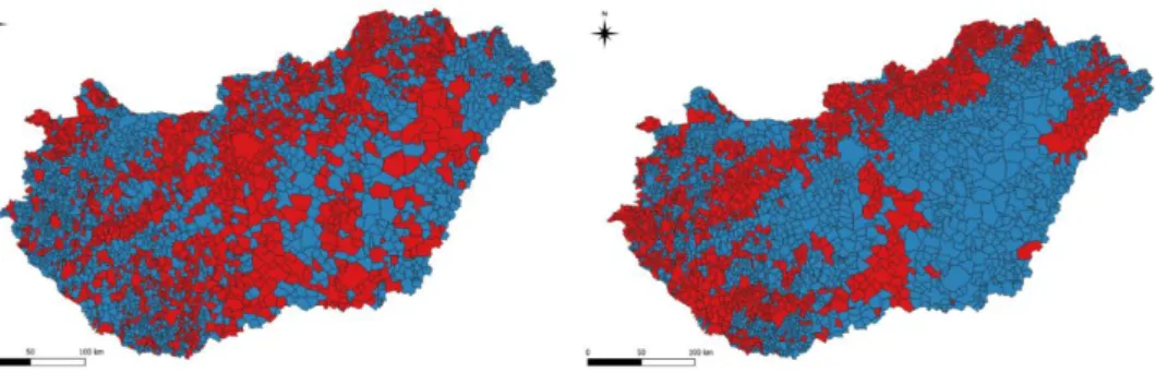 2. ábra: Egy főre jutó elszállított hulladék településenként az országos  átlaghoz mérten (bal); erdősültség mértéke településenként az országos  átlaghoz mérten (jobb) (piros/kék: országos átlag feletti/alatti mennyiség), 