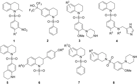 4. ábra: Kiemelt bioaktív 1 – 8 tetrahidro(izo)kinolin vázas szulfonamid szerkezetek  