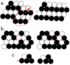 Figure 3.3 Elementary processes during shaking. a: Horizontal lines gain or loose particles due to global slip lines