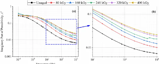 Figure 4.2: (a) Imaginary part of permittivity (𝜀 ′′ ) at different irradiation doses over frequency range 0.1  Hz-1 kHz, (b) Enlarged profile between 10 Hz and 1 kHz