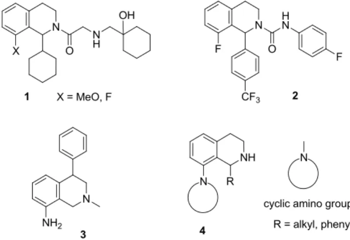 Figure 1. 1,8-Disubstituted tetrahydroisoquinoline target compounds (4) and their closest analogies  (1–3) from the medicinal chemistry literature