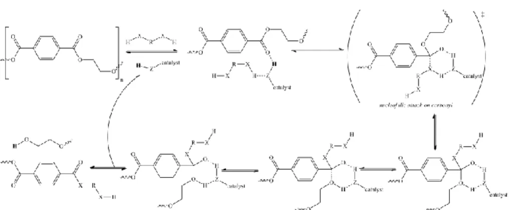 Figure 1.5 The general mechanism of organocatalyzed PET solvolysis based on the  mechanism published by Horn et al