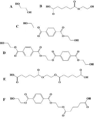 Figure 3.3 Possible diol, mono-ester and diester forms of ethylene-glycol in the  acido-alcoholysis depolymerization reaction product 