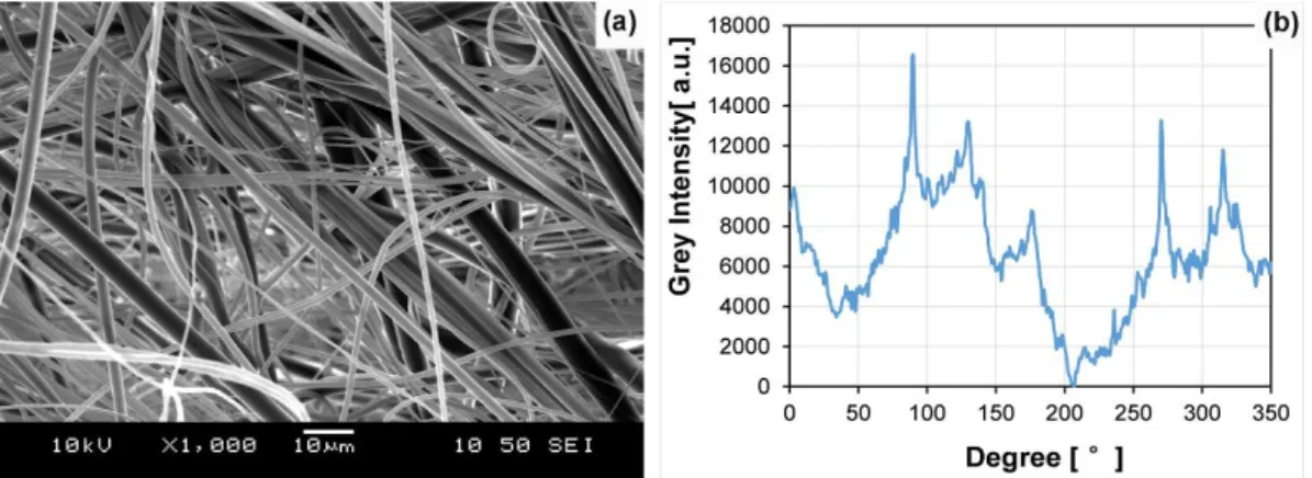 Figure 38. (a) SEM image of the nonwoven (PP fiber mat) and (b) representative grey intensity 
