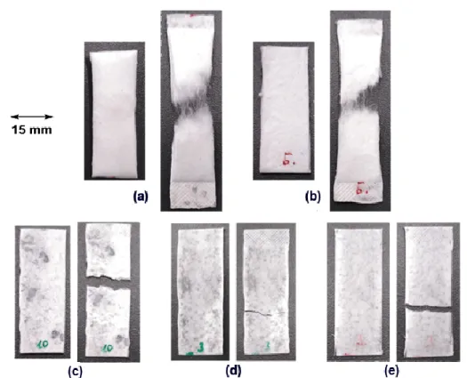Figure 37. Optical images of the tested samples before (left) and after (right) the tensile test (a) fiber  mat, (b) cold-pressed, (c) 125 °C, (d) 135 °C and (e) 145 °C 
