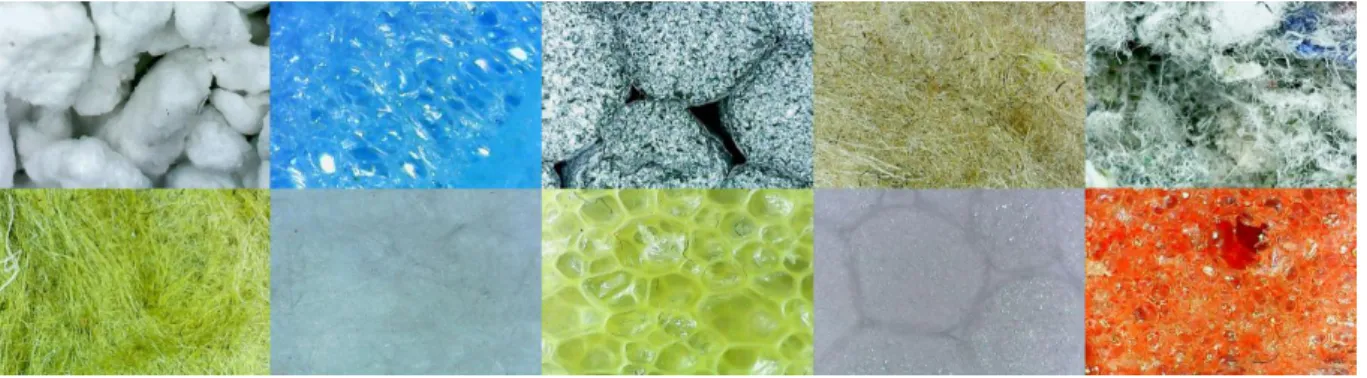Fig. 4 Thermal insulations under microscope, from top left: expanded perlite, extruded polystyrene, expanded  polystyrene with graphite, glass mineral wool, cellulose, rock mineral wool, aerogel blanket, polyurethane 