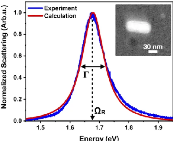 Figure  40.  Experimental  scattering  spectrum  of  a  gold  nanorod  fitted  by  a  Lorentzian-function  in  order  to  determine  the  resonance  wavelength  and  the  linewidth