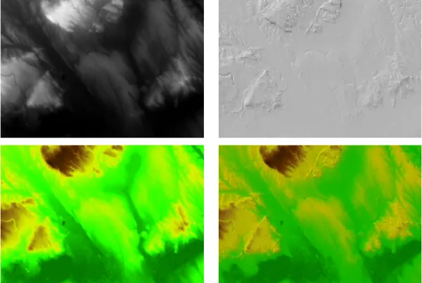 2.4.1. ábra. A domborzat ábrázolása különféle módszerekkel: a magasságok ábrázolása szürke árnyalatokkal (bal felső kép), a magasságok ábrázolása a földrajzi térképeken  szo-kásos színskála segítségével (bal alsó kép), a domborzat ábrázolása árnyalásos mód