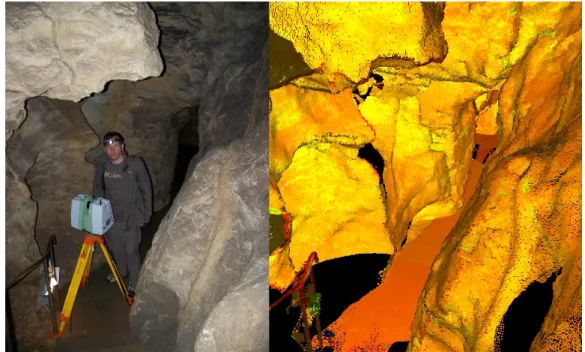 3.5.1. ábra. A szerző 2012 májusában, a Pál-völgyi-barlangban végzett lézerszkenneres mérések [14] során egy Leica ScanStation C10 földi lézerszkennerrel (bal oldal); valamint a fényképen láthatóval nagyjából megegyező terület képe a mérésekből kapott  pon