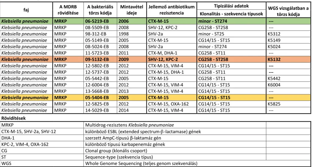 Táblázat A: 15 vizsgált nozokomiális K. pneumoniae törzs adatai.  Félkövér kiemeléssel és színes háttérrel az előkísérletben használt törzseket  jelöltük (zöld: legalacsonyabb, sárga: medián, piros: legmagasabb túlélőképességű törzs) 