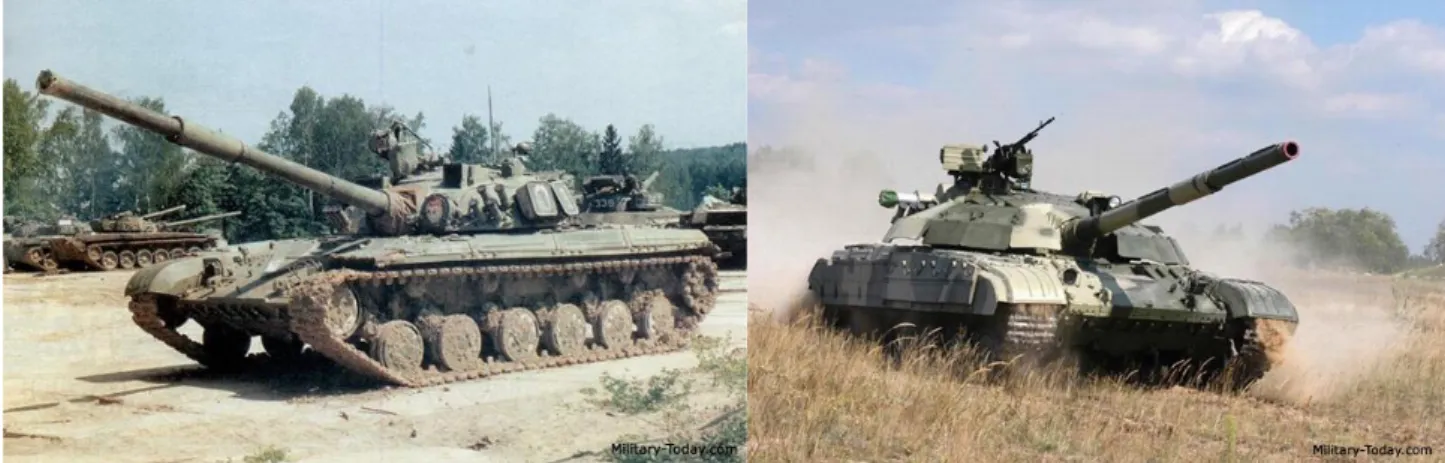 15. ábra: A szovjet gyártmányú T-64 (balra) és az ukrán hadiipari mérnökök által  továbbfejlesztett T-64 modernizált változata Bulat (jobbra) 