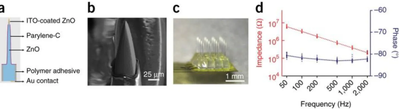 Figure 6: Transparent, electrically conductive ZnO micro-optoelectrode array (MOA device) for  multichannel intracortical neural recording and optical stimulation