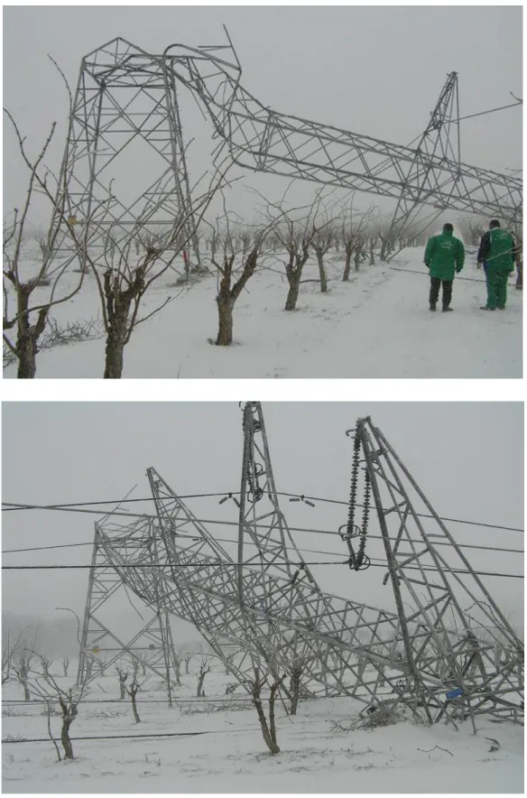 21. ábra. A Kisvárda-Sajószöged és Munkács-Tiszalök 220 kV-os, kétrendszerű távvezetéken kidőlt  oszlopok [13] 