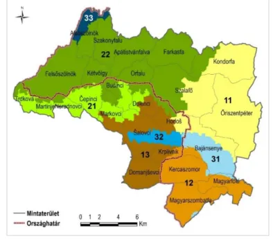 3. ábra: A kutatási terület tájkaraktertípusai az érintett települések  közigazgatási határaival 