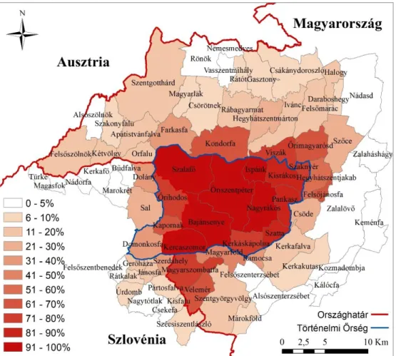 20. ábra: Interjúalanyok által Őrségként megjelölt települések a történelmi Őrség  határaival 