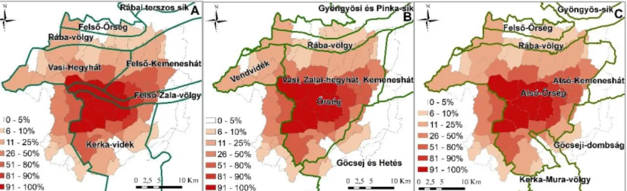 22. ábra: Az őrségi mentális térképek összevetése a magyarországi természetföldrajzi  kistájbeosztással (A) (Dövényi 2010), valamint a vegetációs (B) (Molnár et al