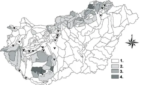 4. ábra. Felszíni mozgások előfordulása és veszélyessége Magyarország kistájain 