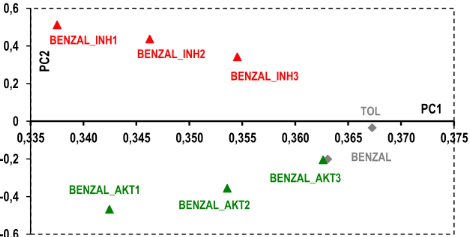 Figure 6. PCA of model biodegradation data. BENZAL and TOL for kinet- kinet-ics  without  inhibition  and  BENZAL_INHI1-3  for  inhibition  of  different  strength, respectively, BENZAL_AKT1-3 for activation of different strength 