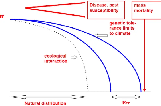 Figure 1: Ecological-genetic hypothesis of fitness change along a climatic cline: tolerance  decline and mortality triggered by worsening of climatic conditions