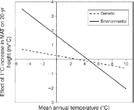 Figure 4: Environmental vs. genetic effects of mean annual temperature (MAT) on lodgepole  pine 20-yr height