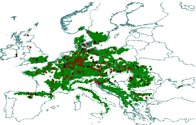 Figure 6: Test sites (▲) and origins of beech provenances (●) of the 1995 and 1998  International Beech Provenance Trial, projected on the distribution map of European beech 