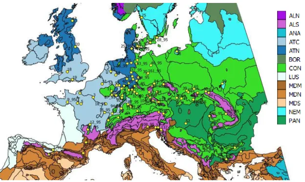 Figure 11: Provenances included in the analysis projected on the map of European  Environmental Stratification (http://www.wageningenur.nl/en) 