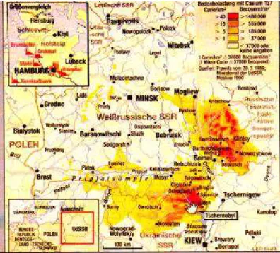 2. ábra: Csernobil tágabb környékének Cs-137 izotópból származó talajaktivitása 4-5 évvel  a baleset után (Kiss 1999) 