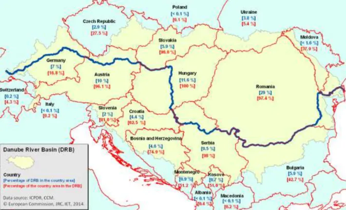 10. ábra A Duna vízgyűjtő területének országai (Forrás: JRC Science and policy report, Banja  et al