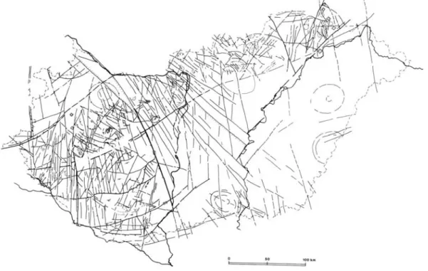 9. ábra. Magarország lineamentum térképe Landsat MSS képek vizuális kiértékelésével  (BREZSNYÁNSZKY &amp; SÍKHEGYI 1987) 
