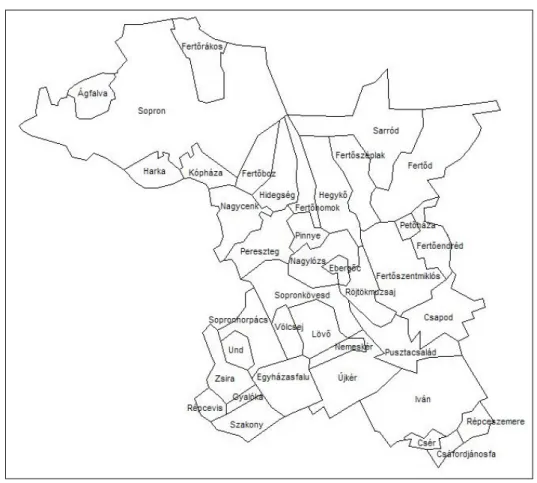 2. térkép A Sopron-Fert di kistérség települései, a 2004. évi CVII. tv. alapján 