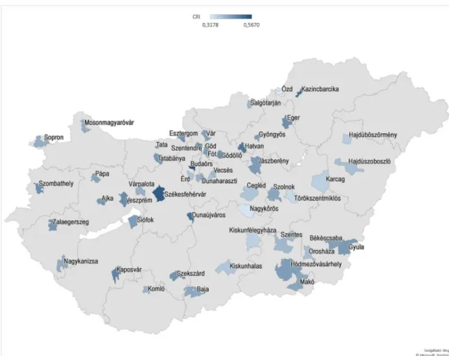 16. ábra: A hazai középvárosok rugalmassága 