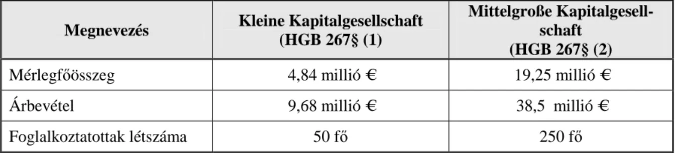 4. táblázat:  Kis – közepes vagyonegyesít ı  társaságok besorolása a HGB el ı írása alapján  