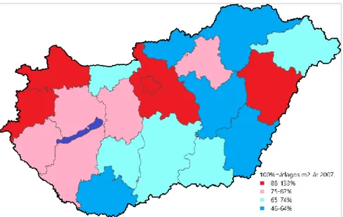 15. ábra: Átlagos megyei négyzetméterárak az országos átlaghoz viszonyítva 2007-ben  Forrás: KSH (2016) alapján a szerző szerkesztése  