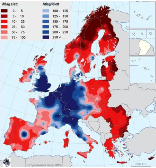 2. ábra: A „GDP-hez való hozzáférhetőség” az Európai Unió területén  Forrás: Nordregio (2004)
