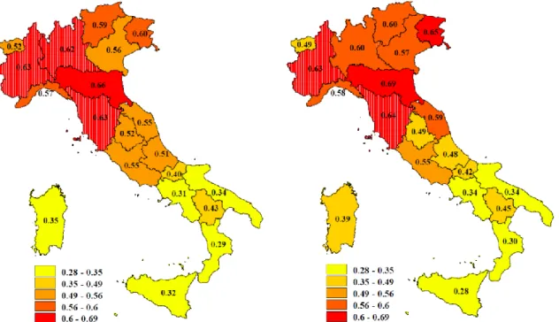11. ábra: Az olasz régiók területi tőkéje 2002-2004 között, illetve 2009-ben a szinteti- szinteti-kus index alapján 