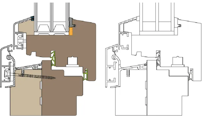 24. ábra. A vizsgált passzívház ablak gyártótól kapott (bal oldal) és végeselemes elemzésre előkészített (jobb oldal) alsó  metszete 