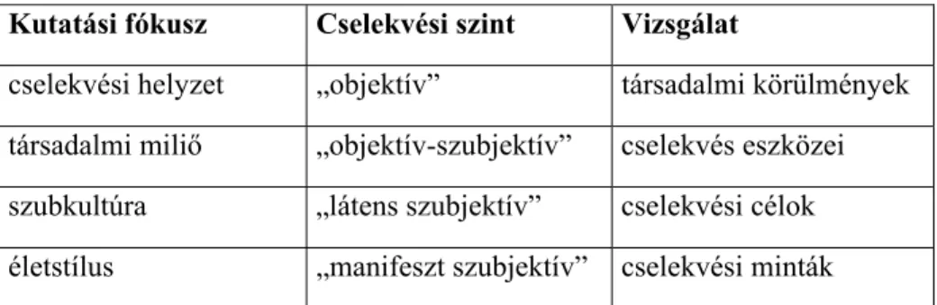 A HRADIL [1995] által felvázolt rendszert foglalja össze a 4. táblázat  Kutatási fókusz  Cselekvési szint  Vizsgálat  