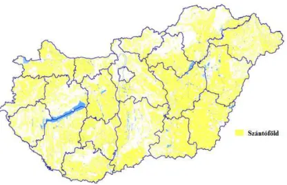 25. ábra: Magyarország szántóterülete a Corine Land Cover felszínborítási térkép alapján 