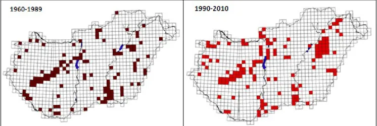 8.-9. térkép: A tőkés réce fészkelési adatai 1990 előttről és 1990-2010 között 