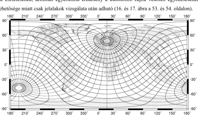 18. ábra: A Széchenyi István Geofizikai Obszervatóriumtól azonos irányokban (szaggatott vonalak, 10º-onként)  és egyenlı távolságokra (folytonos vonalak, 1 Mm-enként) elhelyezkedı pontok helyei a Földön