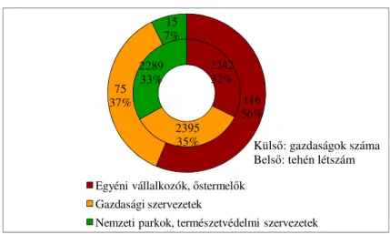 7. ábra: Szürke marhát tartó gazdaságcsoportok megoszlása gazdaságok  száma, és tehén létszám szerint (2007) 