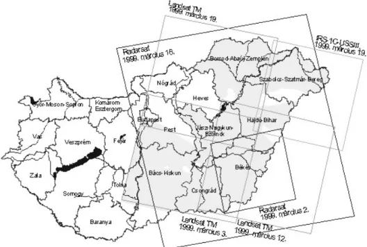 2.3.3 – 2. ábra: Landsat, IRS, Radarsat m ő hold lefedés Magyarországon  (Forrás: FÖMI) 