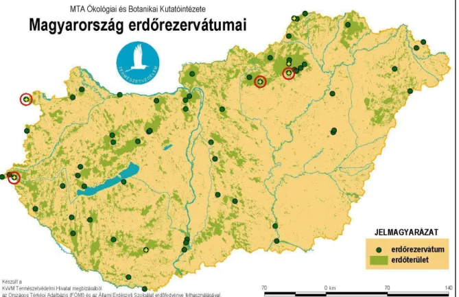 1. ábra  Magyarország  erdőrezervátumai.  A  módszerek  tesztelésébe  bevont  felső- felső-tárkányi  Vár-hegy  (Bükk),  Kékes  (Mátra),  Hidegvíz-völgy  (Soproni-hg.)  és  Szalafő  Őserdő  (Őrség) erdőrezervátumokat piros körökkel jelzem