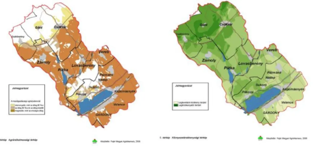 1. ábra: Velencei-tó vízgyűjtő területének agráralkalmassági és környezetérzékenységi térképe  (WAREMA, 2008) 