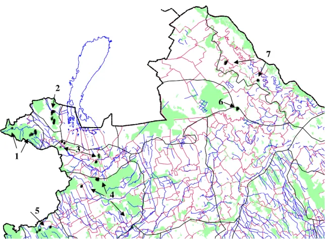 3. ábra: A mintavételi helyek áttekintı térképe (1: Soproni-hegység., 2: Fertımelléki-dombság, 3: Ikva-sík,  4: Répce-sík, 5: Kıszeg-hegyalja, 6: Mosoni-sík, 7: Szigetköz) 