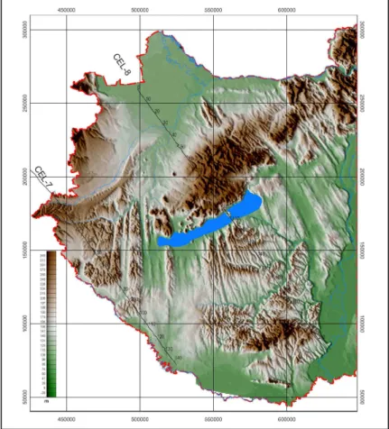 25. ábra: A Dunántúl domborzati térképe a CEL–7 és CEL–8 szelvények nyomvonalával 