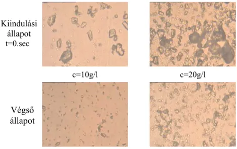 33. Ábra: A 25ml 10g/l és a 20g/l koncentrációjú dolomit szuszpenzió, 20ºC-os  vízköpeny és 9W/cm 2  ultrahang teljesítménnyel történt kezelésének kiinduló és végső 