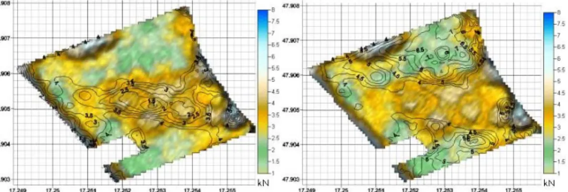 Figure 3.4.2. The on-line soil draft map with the contours of yield below (left) and  above (right) 4 t/ha, respectively (maize, 2001)